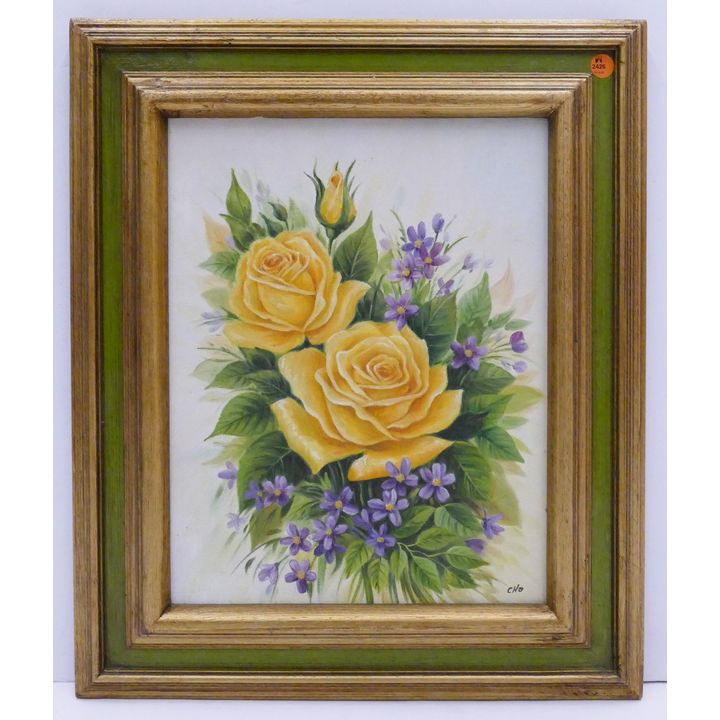 Yellow Roses Painting signed CHO framed- 22x18''