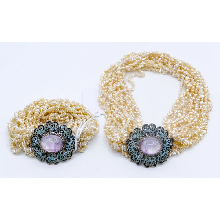 2pc Chinese Silver Filigree Multi-Strand Pearl Necklace & Bracelet Set