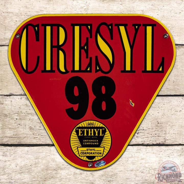 Cresyl 98 Ethyl Gasoline Single Sided Porcelain Pump Plate Sign w/ Logo