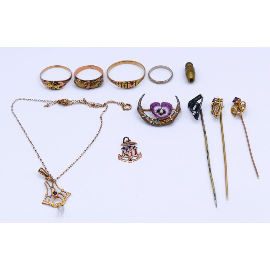 Box Antique 10-14k Gold Stick Pins and Rings etc.