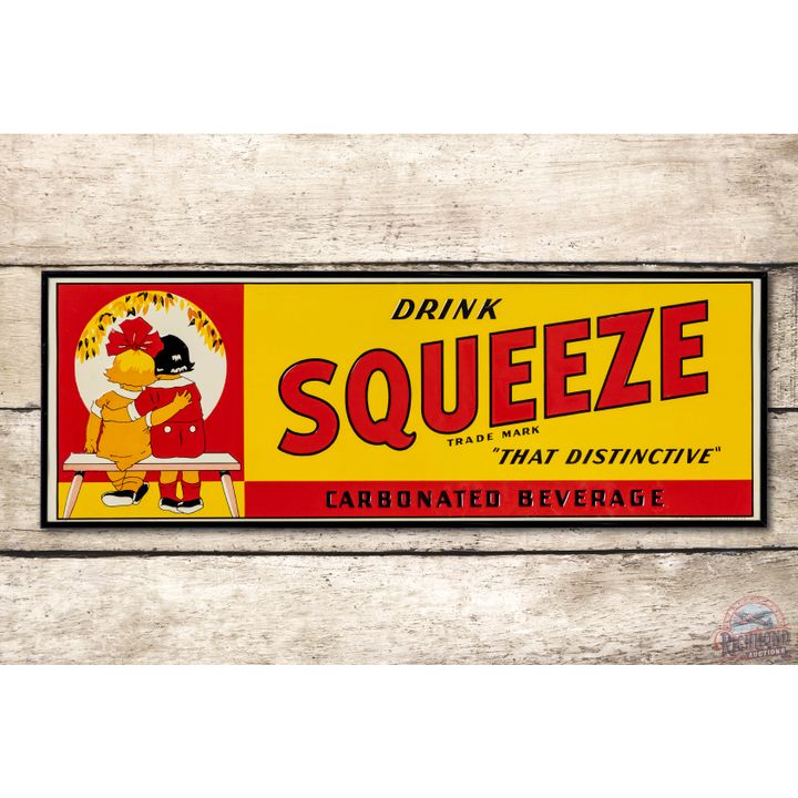 Drink Squeeze w/ Boy & Girl on Bench Embossed Tin Sign