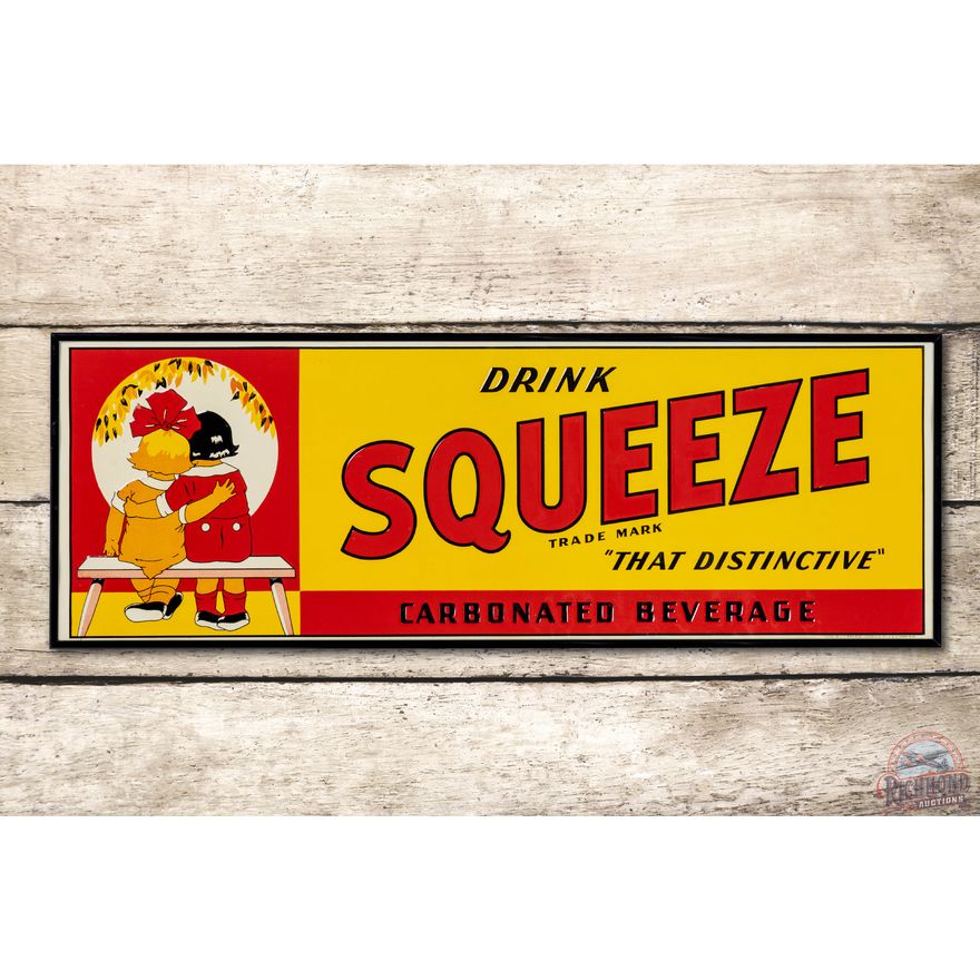 Drink Squeeze w/ Boy & Girl on Bench Embossed Tin Sign