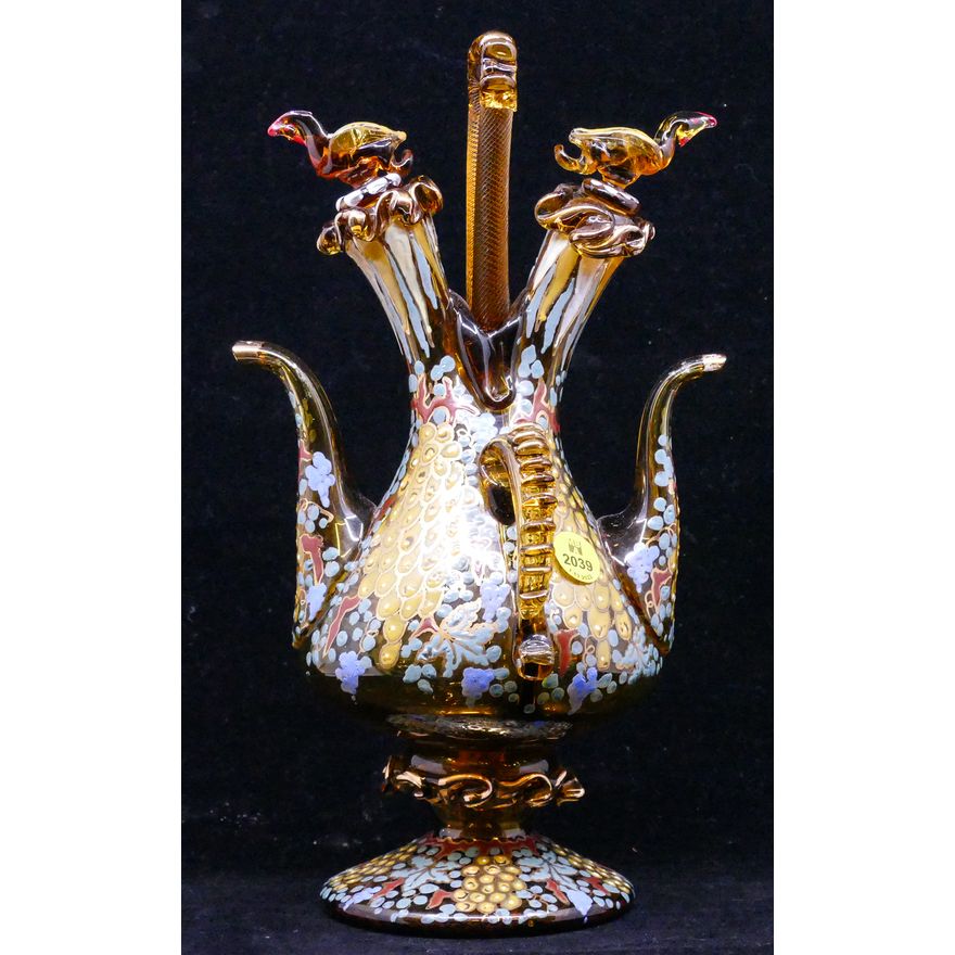 European Enameled Amber Glass Oil and Vinegar Decanter- 11x6.5''