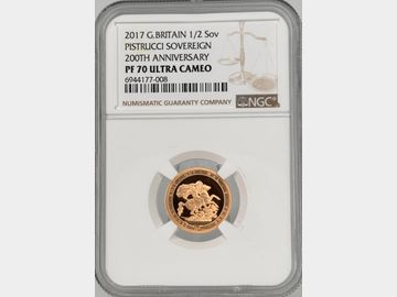 2017 'PISTRUCCI SOVEREIGN 200TH ANNIVERSARY' PROOF GOLD HALF SOVEREIGN PF70 UCAM TOP POP!