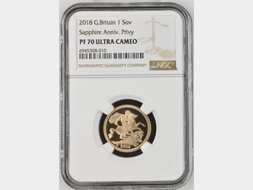 2018 ELIZABETH II SAPPHIRE JUBILEE PROOF GOLD SOVEREIGN NGC PF70 UCAM TOP POP!