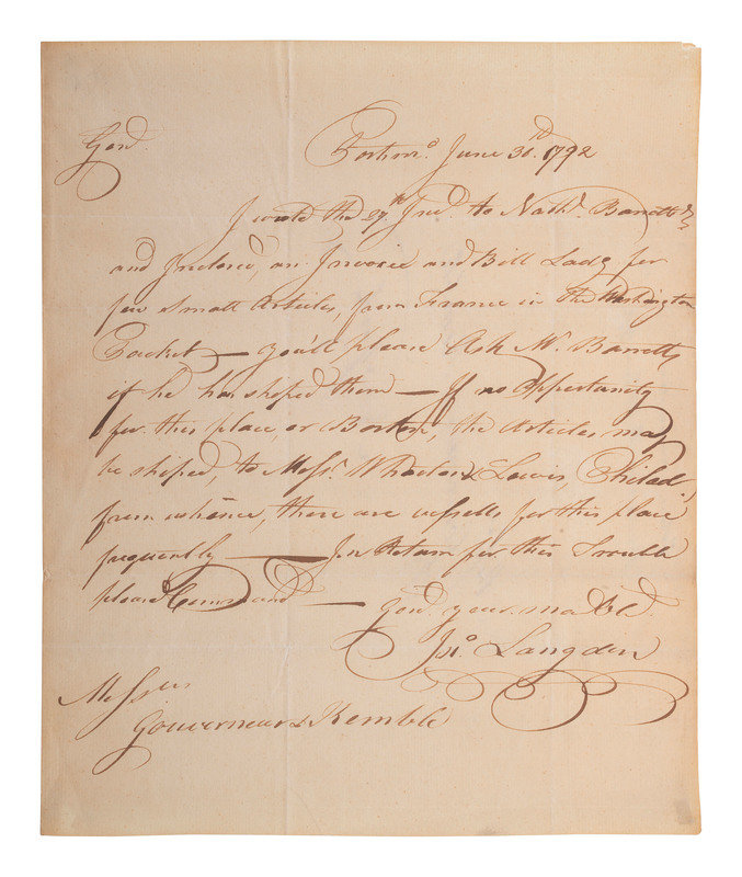 [SIGNER]. LANGDON, John (1741-1819). Autograph letter signed ("Jn. Langdon"), to Messrs. Gouverneur &amp; Kemble. Portsmouth, 30 June 1792. 