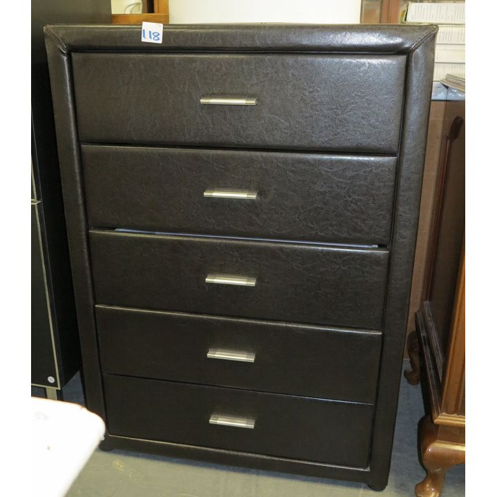 LEATHER COVERED CHEST OF DRAWERS,