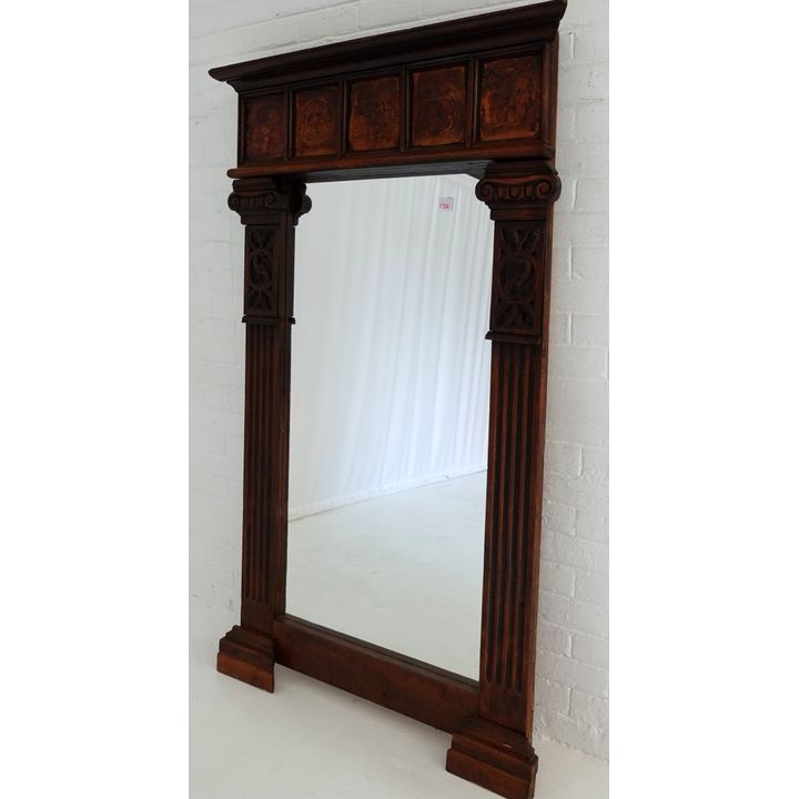 LARGE LEATHER INLAID OAK FRAMED MIRROR