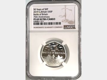 2019 ELIZABETH II 'BATTLE OF BRITAIN' 75TH ANNIVERSARY PROOF 50 PENCE PF69 UCAM