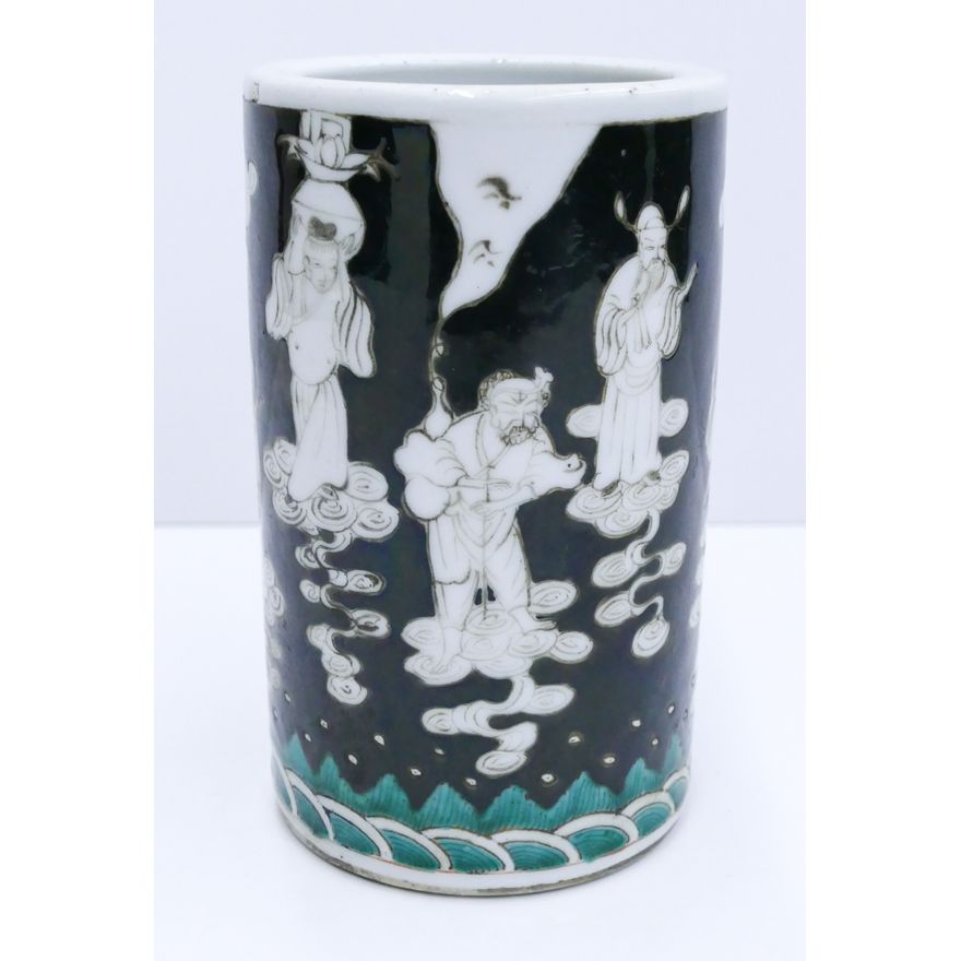Chinese Republic Immortals Famille Noir Brush Pot