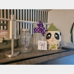 Vintage Panda cookie jar, candle and other containers