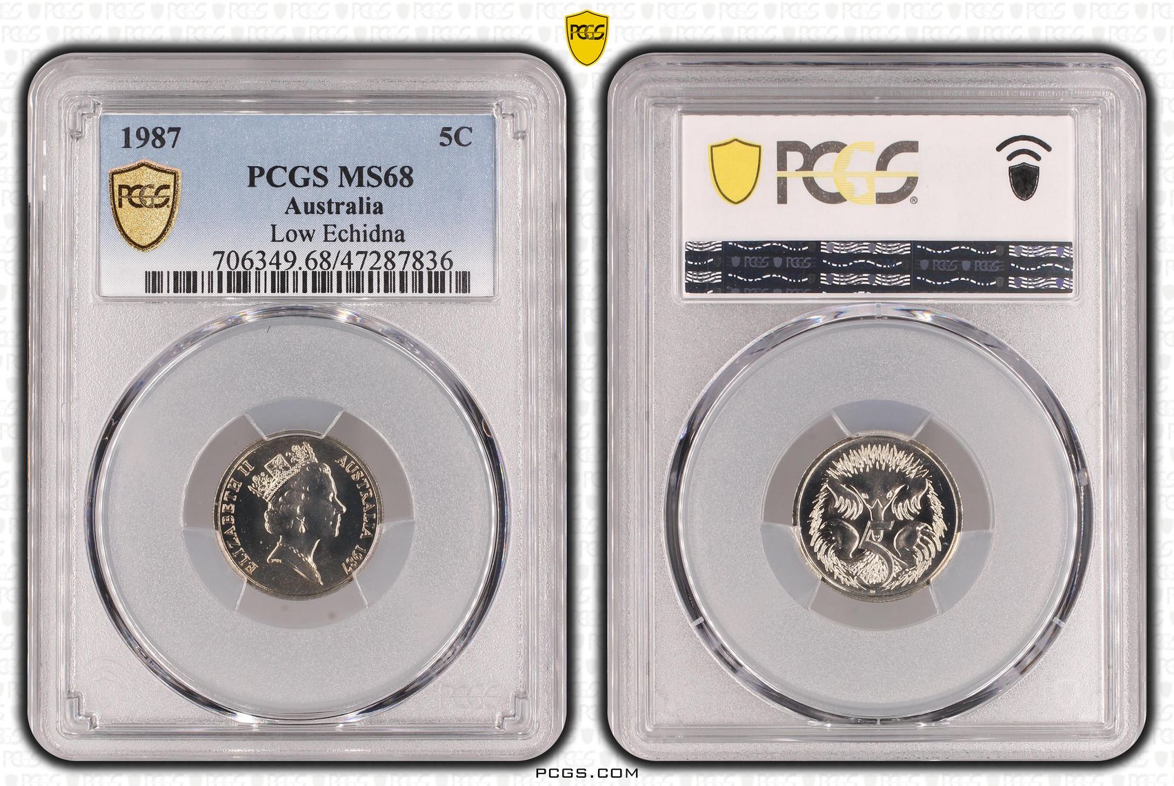 16 · Elizabeth II, Low Echidna, Five Cent, 1987, PCGS MS68