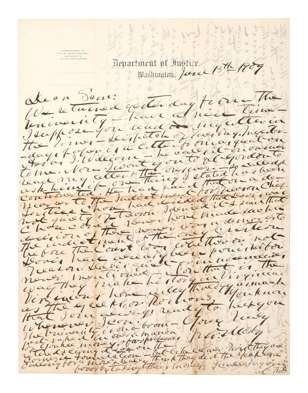 MOSBY, JOHN S. (1833-1916). ALS to Captain Samuel F. Chapman. Washington, DC, 18 June 1909. Discussing the indictment of Jefferson Davis for treason, the pardoning of Mosby's ranger John McCue, and Mosby's support of Ulysses S. Grant.