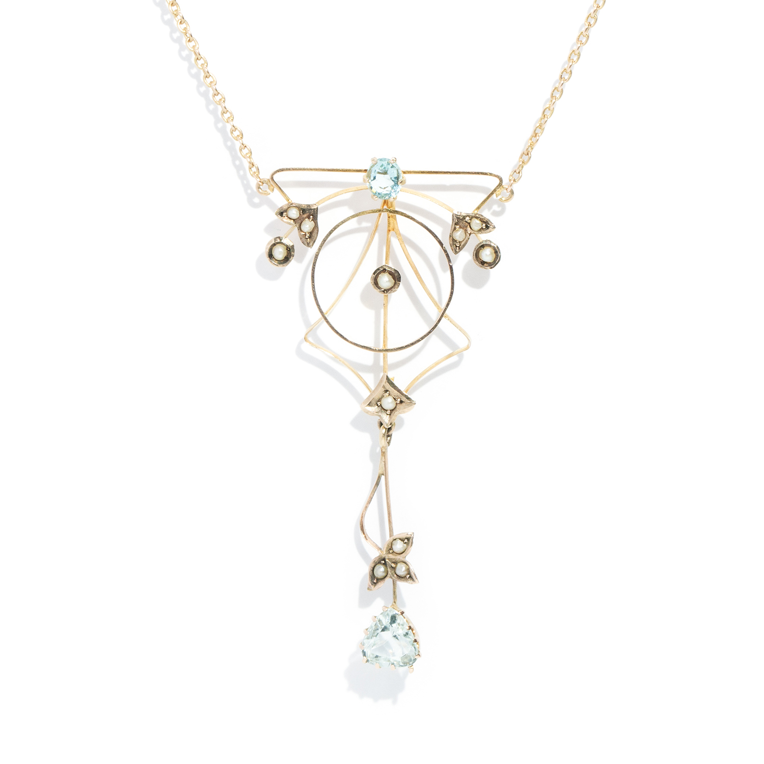 9ct Seed Pearl, Aquamarine and Synthetic Spinel Necklet