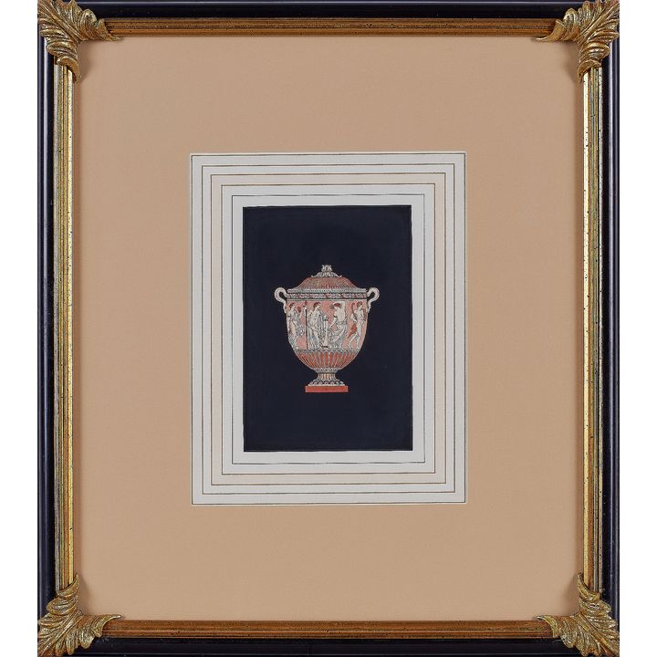 A set of six hand coloured Grecian red vase paintings