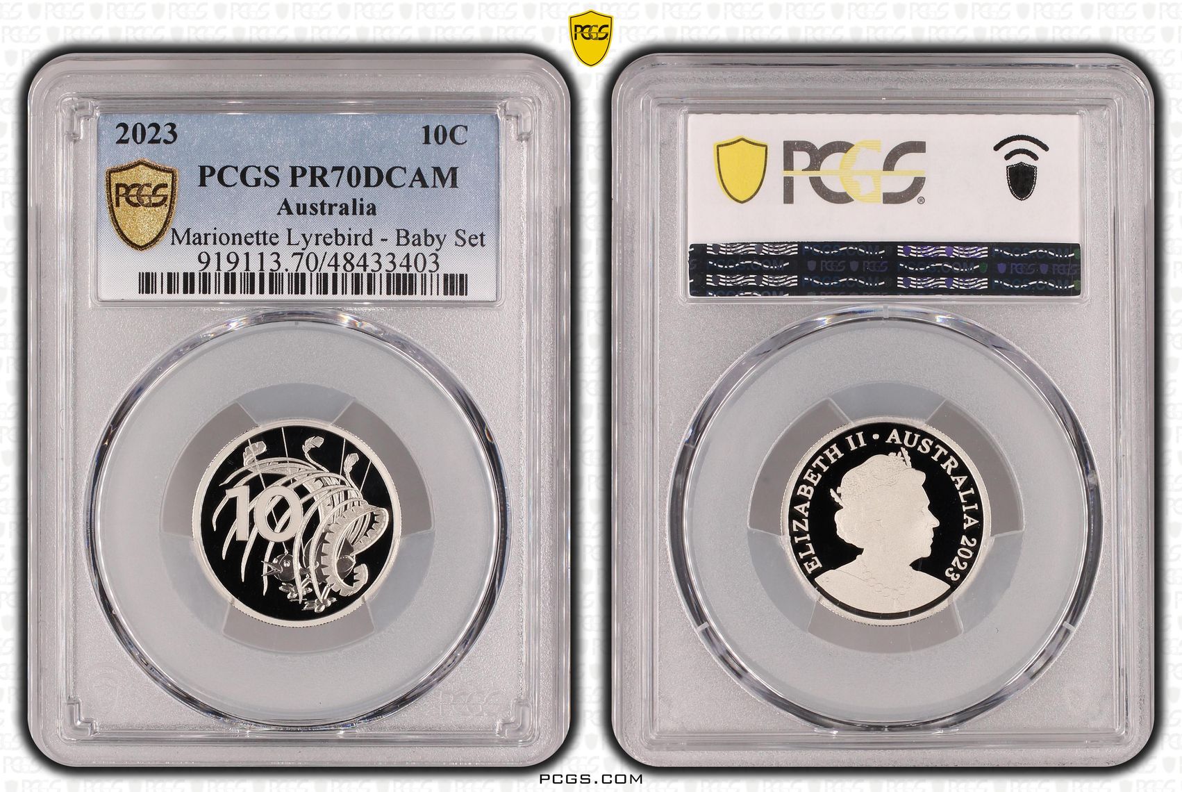 Elizabeth II, Marionette Lyrebird - Baby Set, Ten Cent, 2023, PCGS PR70DCAM