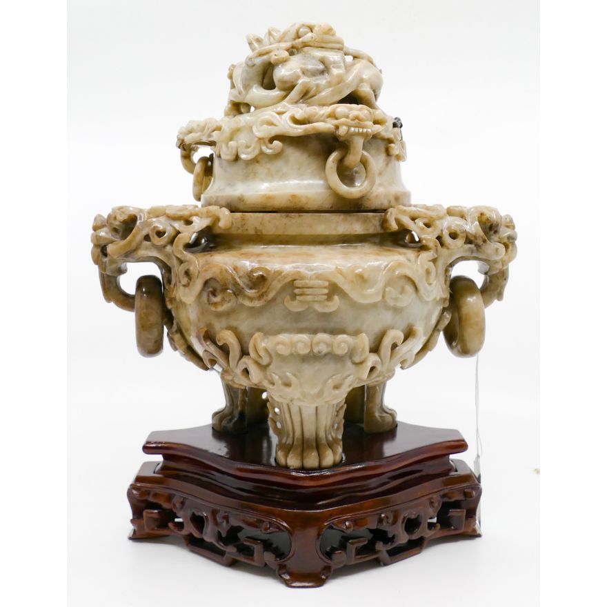 Impressive Chinese Carved Jade Foo Lion Large Censer on Stand 13''x10''