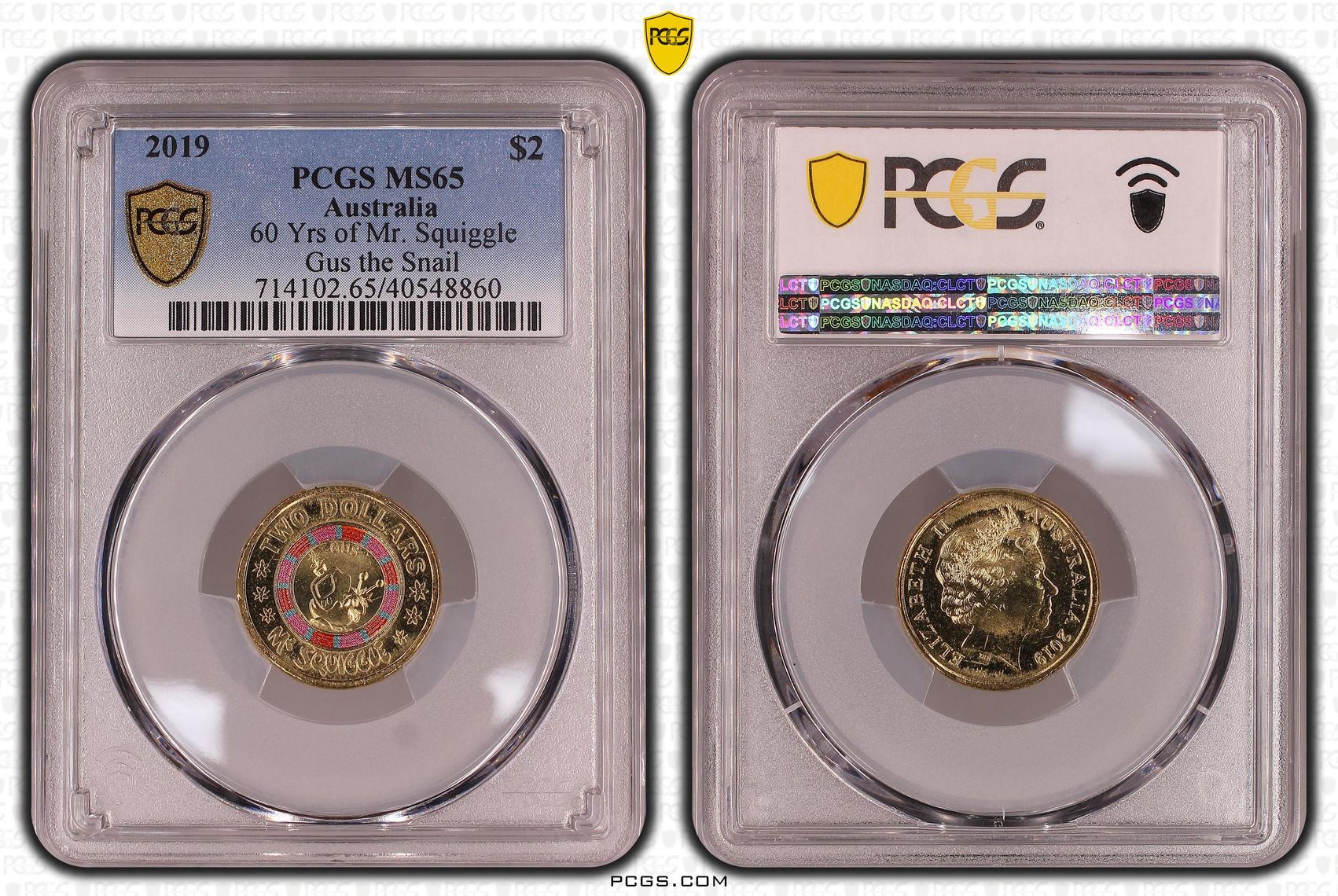 60 Yrs of Mr. Squiggle Gus the Snail Colourised, Two Dollar, 2019, PCGS MS65