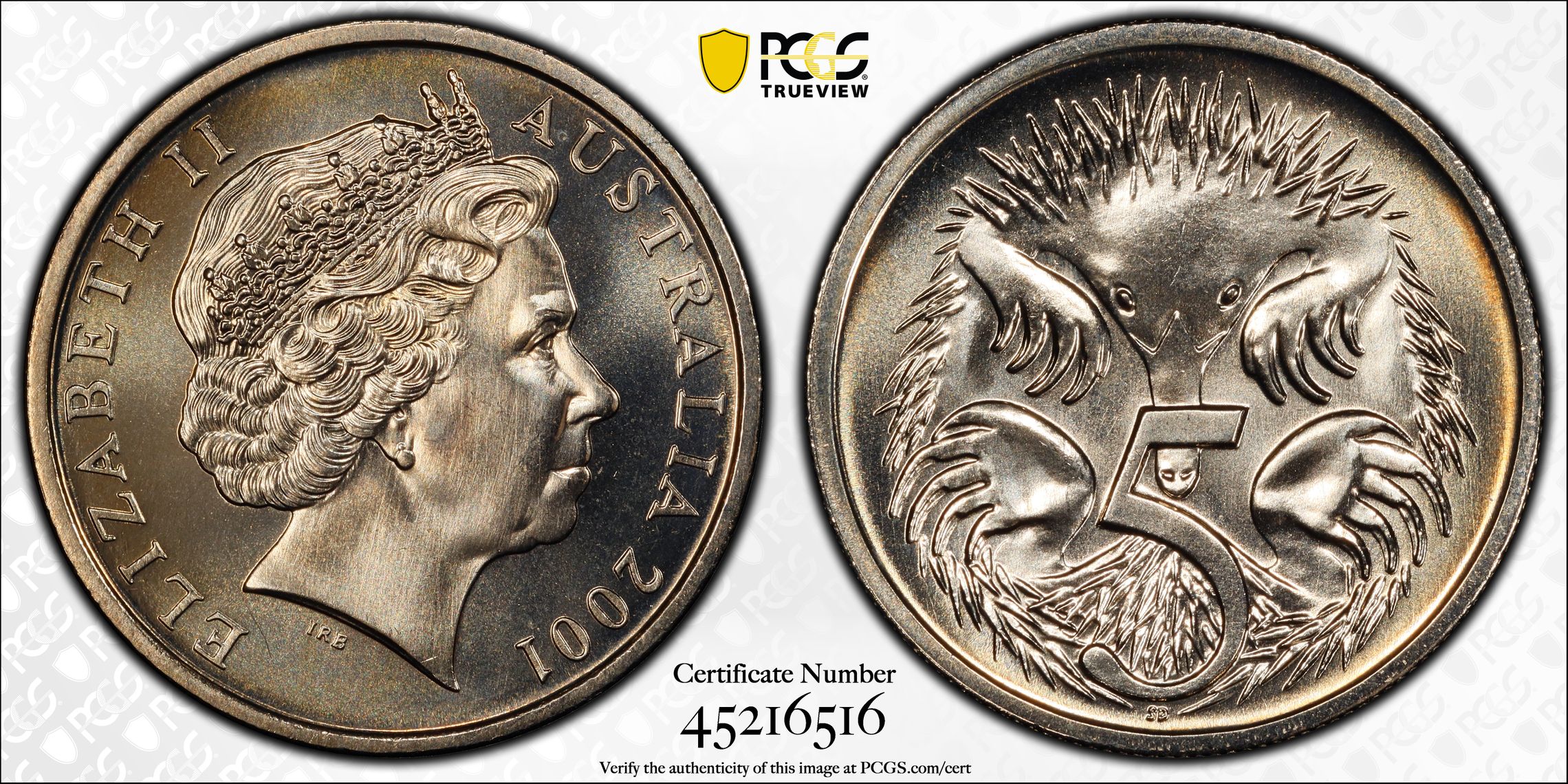 2001 Australia Five Cent, 5c Large Head PCGS - MS68 -516