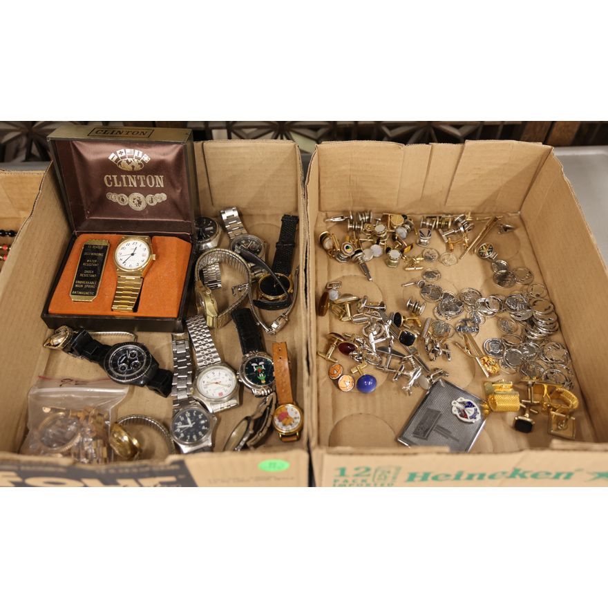 2 Boxes Vintage Men's Wristwatches & Jewelry