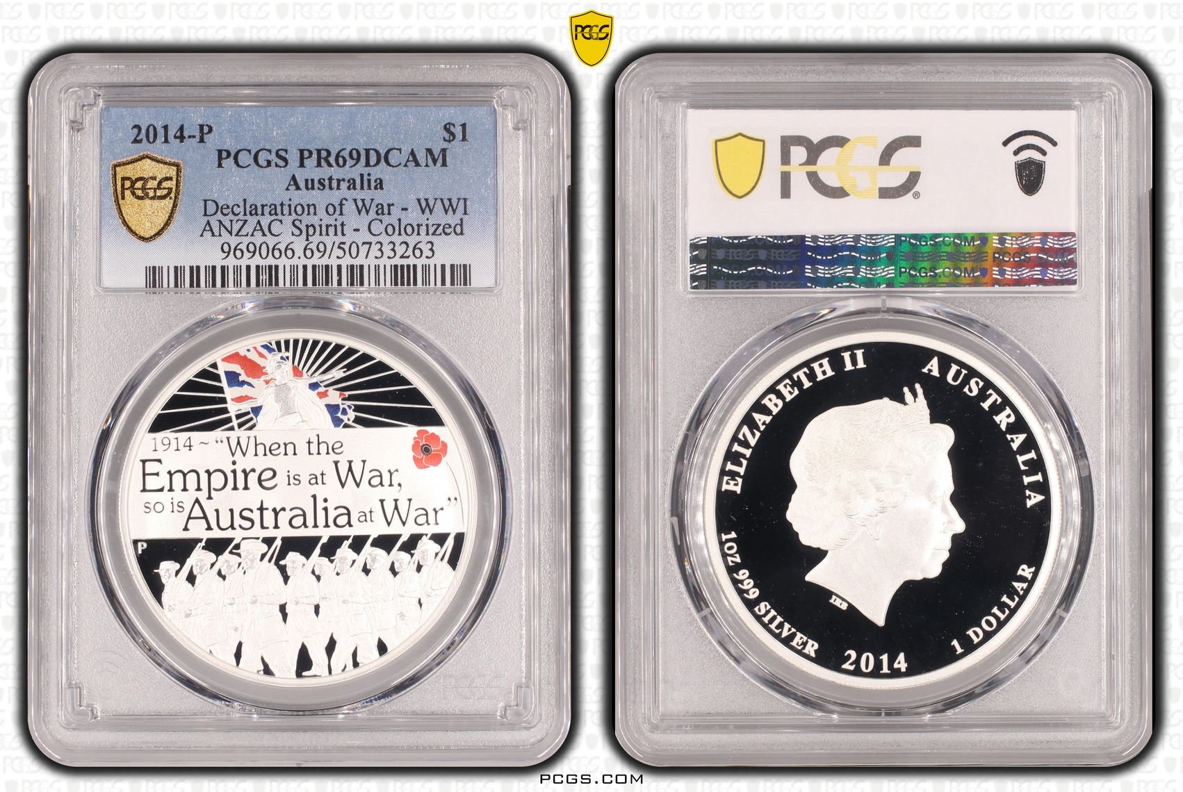 Declaration of War - WWI - ANZAC Spirit - Colorized, POP 1/0, One Dollar, 2014-P, PCGS PR69DCAM