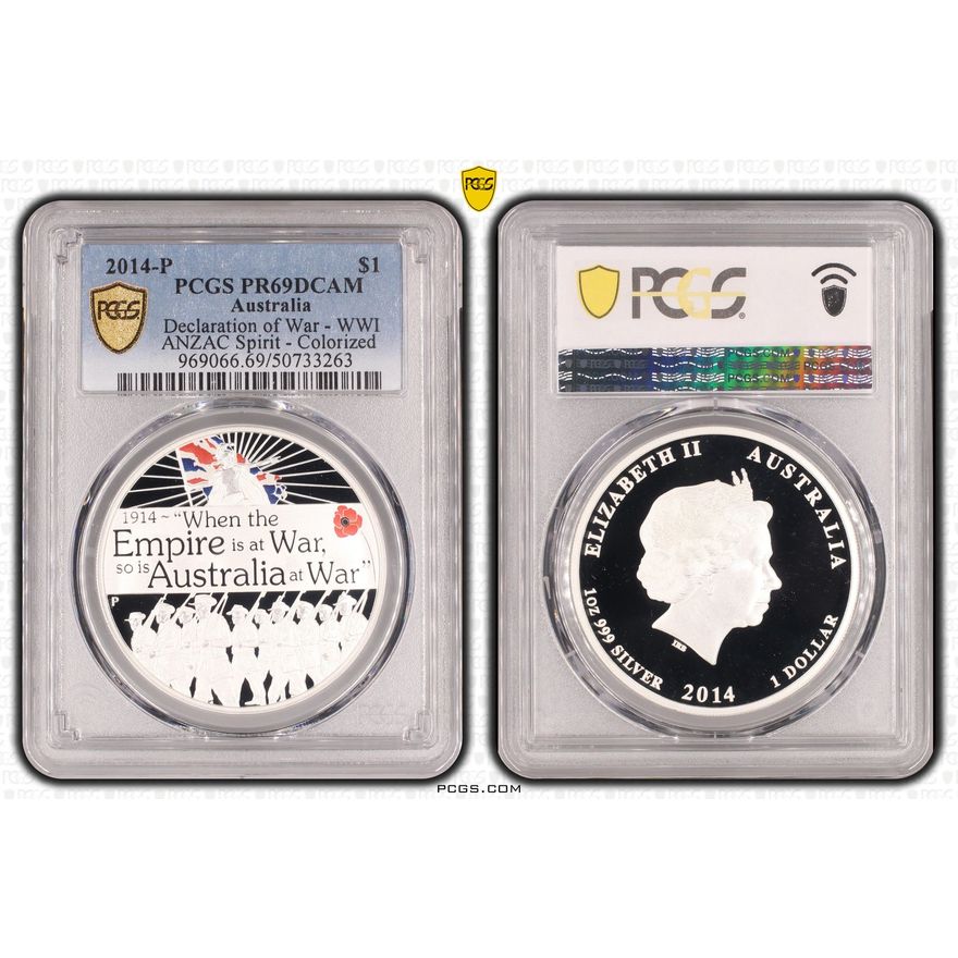 Declaration of War - WWI - ANZAC Spirit - Colorized, POP 1/0, One Dollar, 2014-P, PCGS PR69DCAM