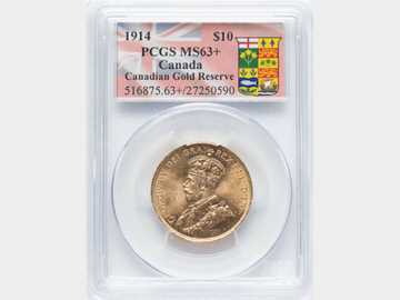 1914 CANANA KING GEORGE V GOLD 10 DOLLAR COIN PCGS MS63+