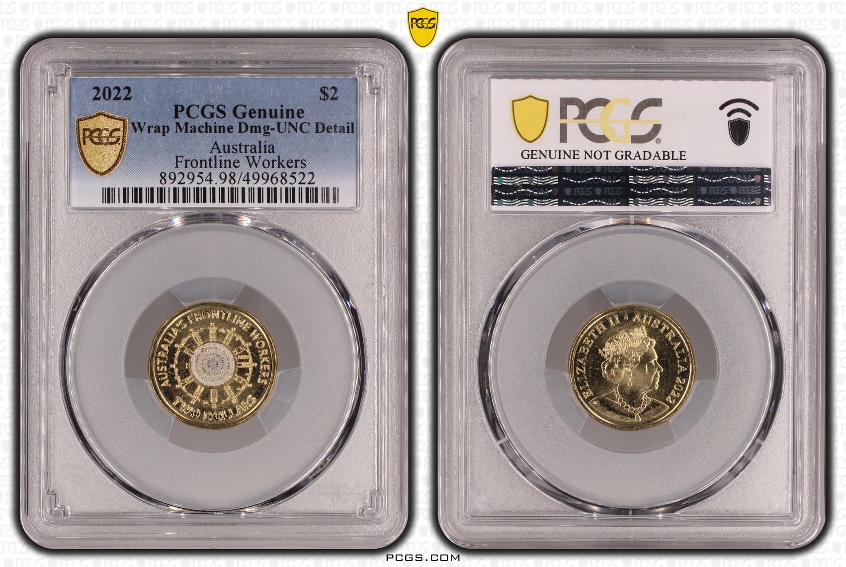 Frontline Workers Colourised, Two Dollar, 2022, PCGS Genuine - UNC Details (98 - Damage)
