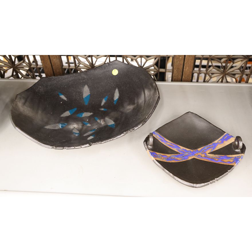 2pc Bill Sage Black Glazed Pottery Trays 10'' to 16''