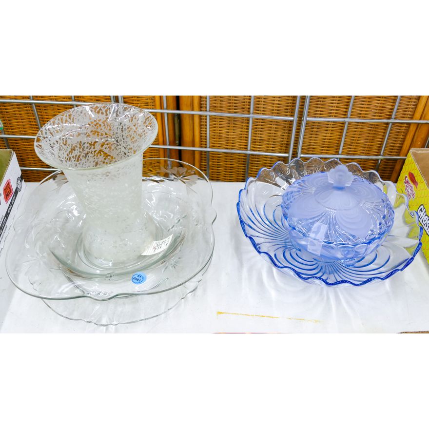 5pc Vintage Clear & Blue Caprice Centerpiece Bowls Etc.