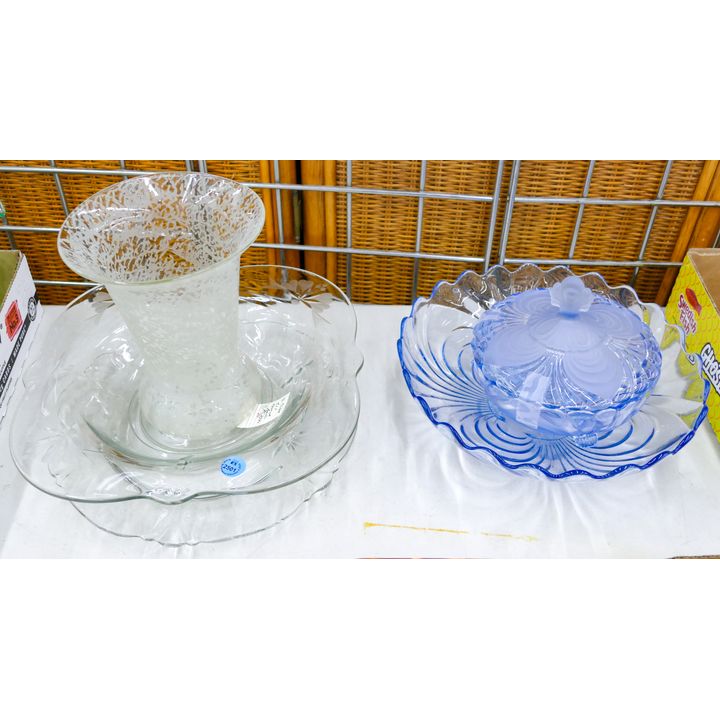 5pc Vintage Clear & Blue Caprice Centerpiece Bowls Etc.