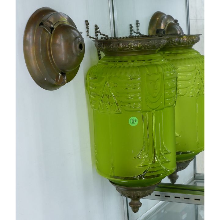 Antique Deco Egyptian Revival Green Glass Drop Down Light Fixture- 16''