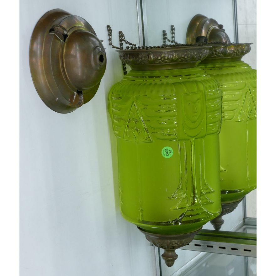 Antique Deco Egyptian Revival Green Glass Drop Down Light Fixture- 16''
