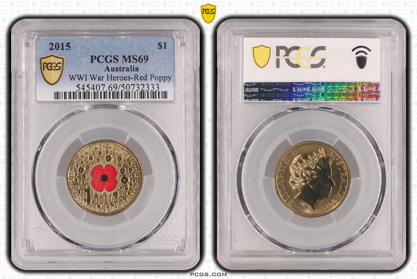 249 · WWI War Heroes-Red Poppy Colorized, One Dollar, 2015, PCGS MS69