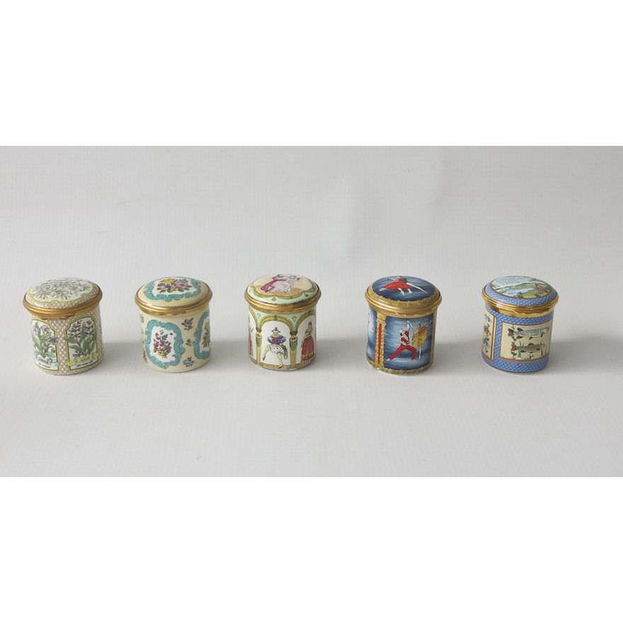 COLLECTION OF 5 HALCYON DAYS ENAMELED BONBONNIERRES