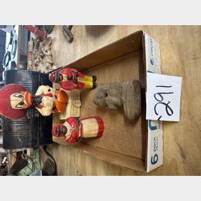 Antique salt pepper shakers, cowboy duck bank, tinkle cat toy