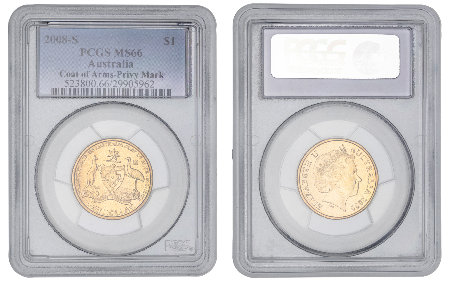 Elizabeth II, Coat of Arms-Privy Mark, One Dollar, 2008-S, PCGS MS66