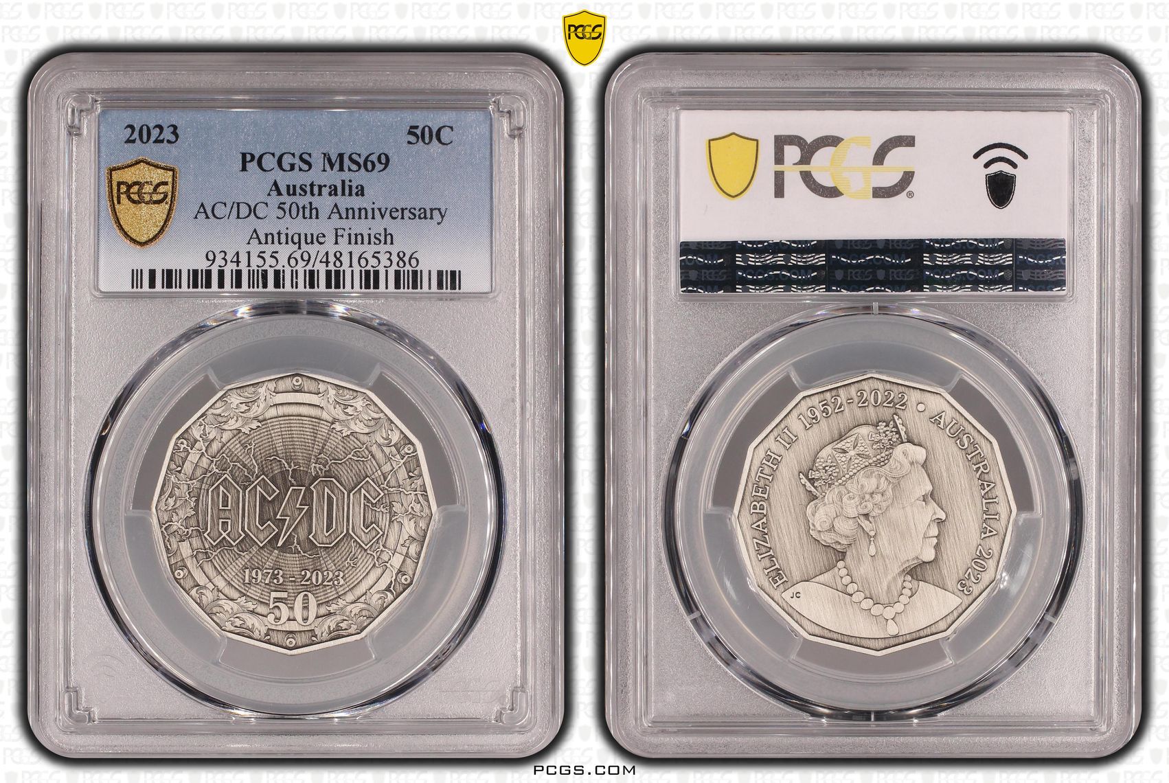 AC/DC 50th Anniversary Antiqued Silver, Fifty Cent, 2023, PCGS SP69