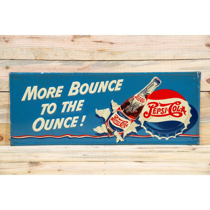 Pepsi Cola "More Bounce to the Ounce!" Single Sided Tin Embossed Metal Sign TAC 8.9