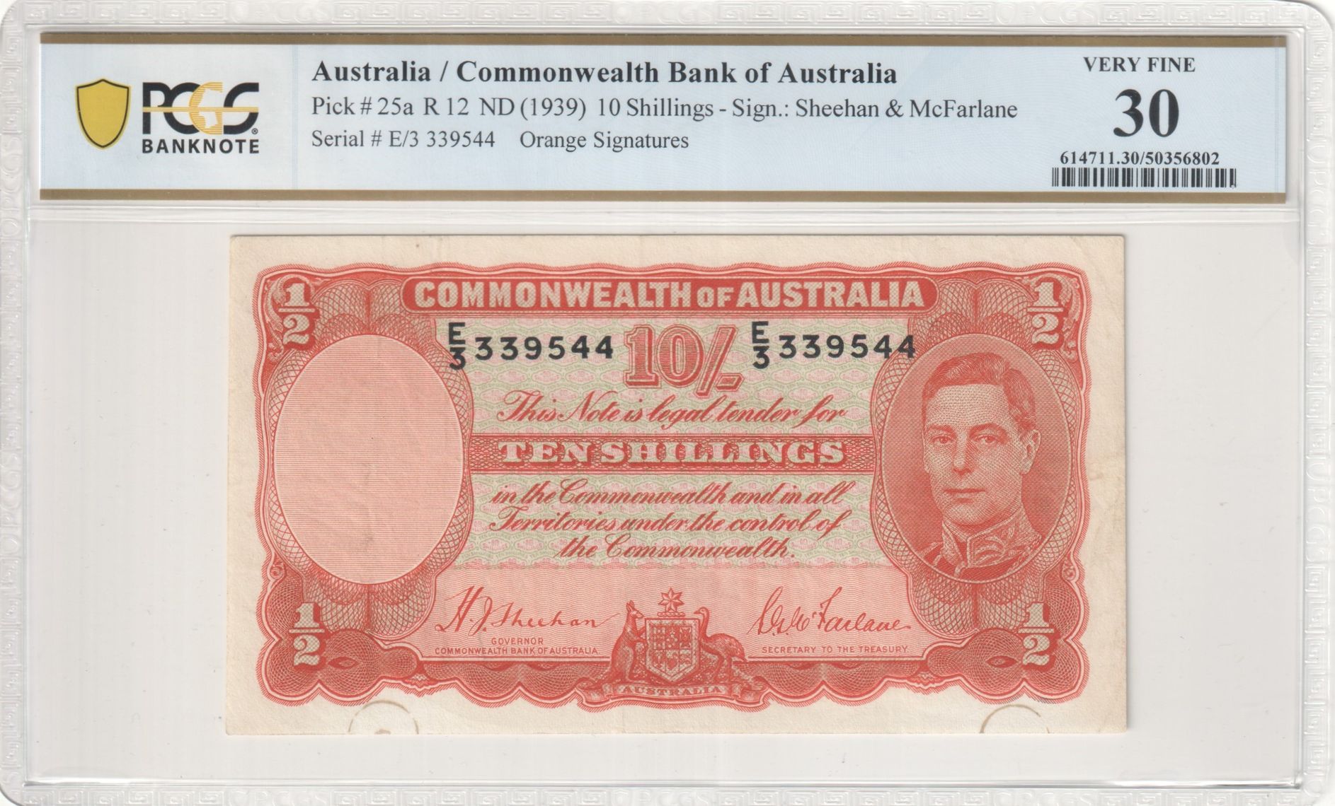 Sheehan/McFarlane, Orange Signatures, Ten Shillings, 1937, PCGS Very Fine 30