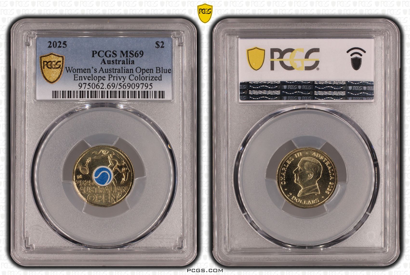 Women's Australian Open Blue Envelope Privy Colourised, Two Dollar, 2025, PCGS MS69