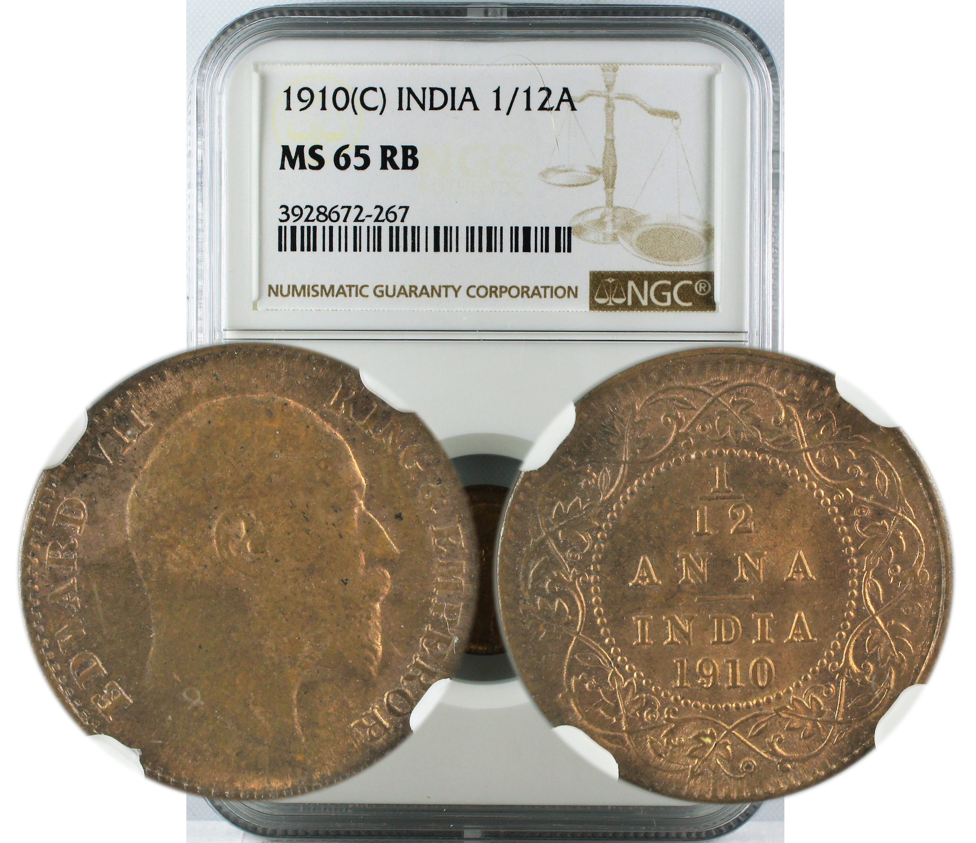 1910 C INDIA 1/12ANNA MS65 RB