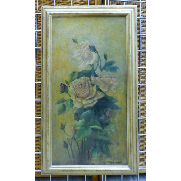 M. Williams White Roses Oil on Canvas Framed- 29x16''