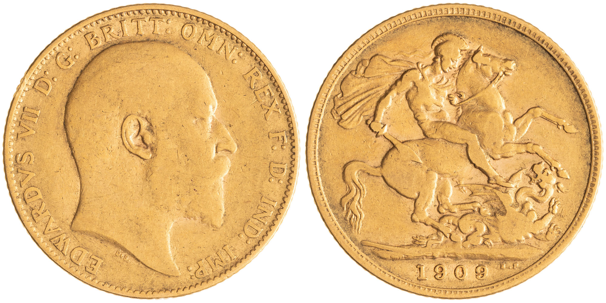 Great Britain, Edward VII, Bare Head - St George & Dragon, Sovereign, 1909, aFine