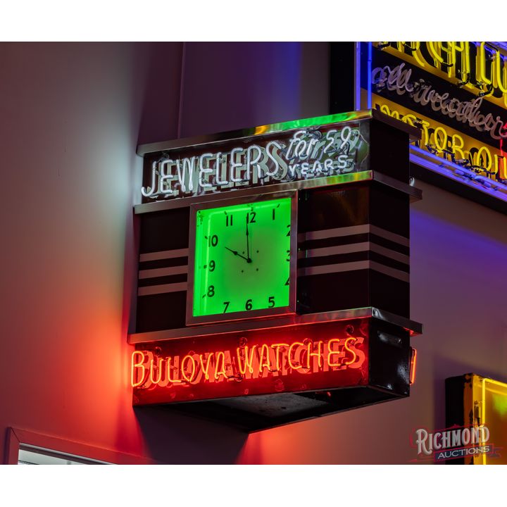 Bulova Watches Jewelers for 50 Years Double Sided Porcelain Neon Clock Sign