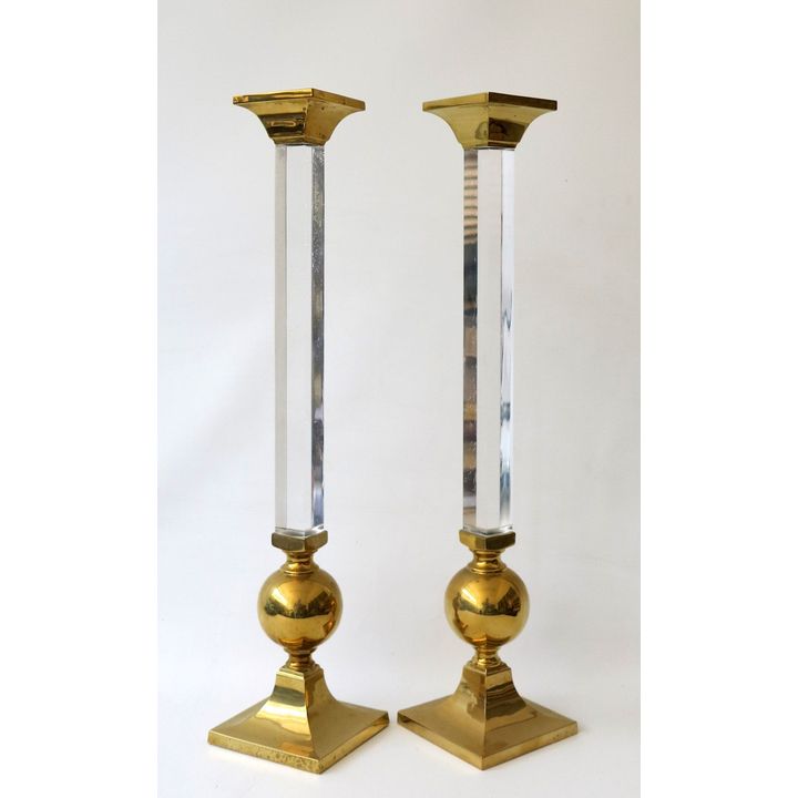 PAIR OF TALL BRASS AND PERSPEX CANDLESTICKS