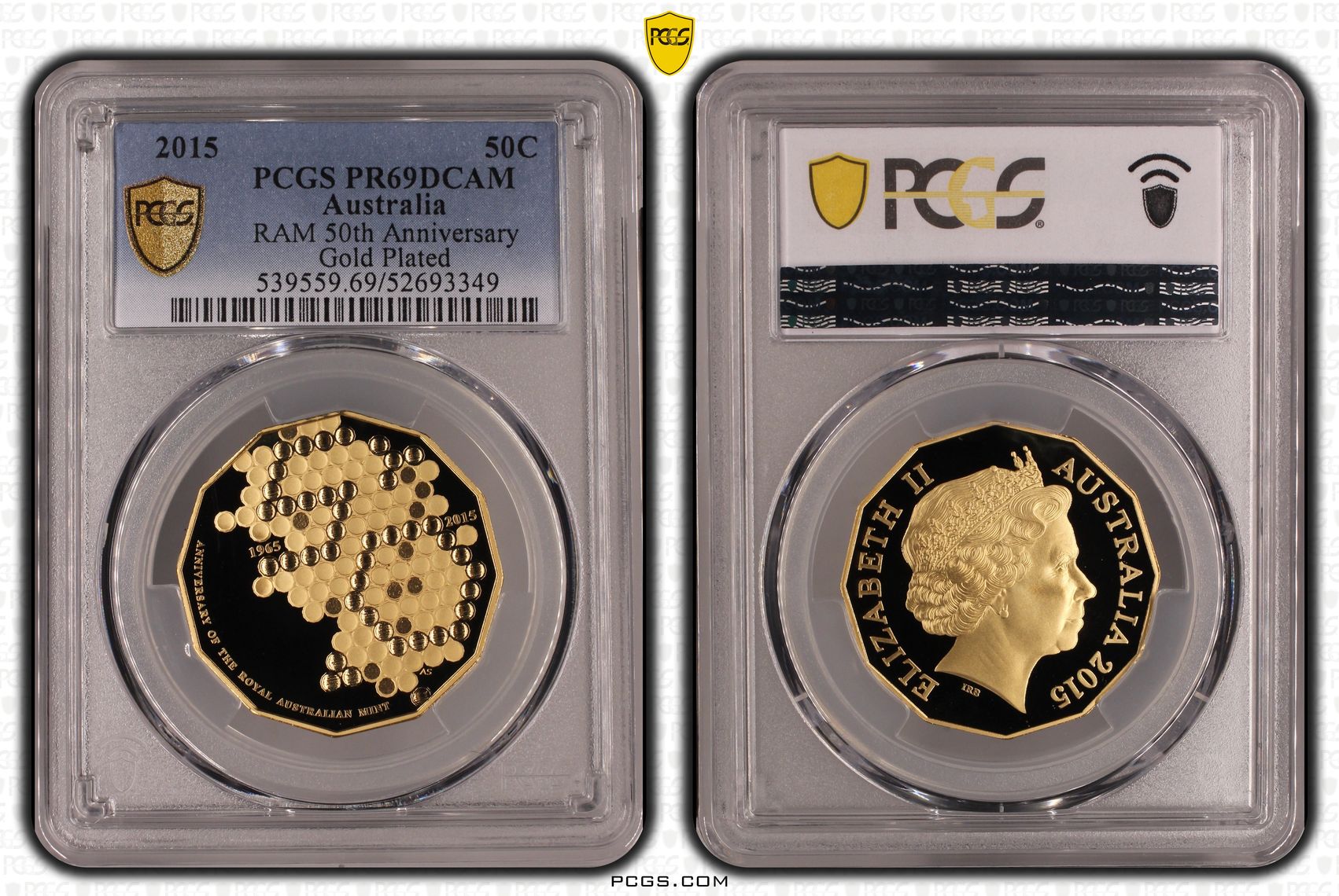 RAM 50th Anniversary Gold Plated, Fifty Cent, 2015, PCGS PR69DCAM