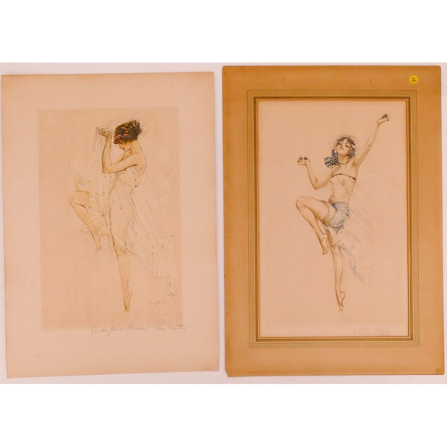 2pc Art Deco Dancer Signed Lithographs- unframed- largest 26x19''