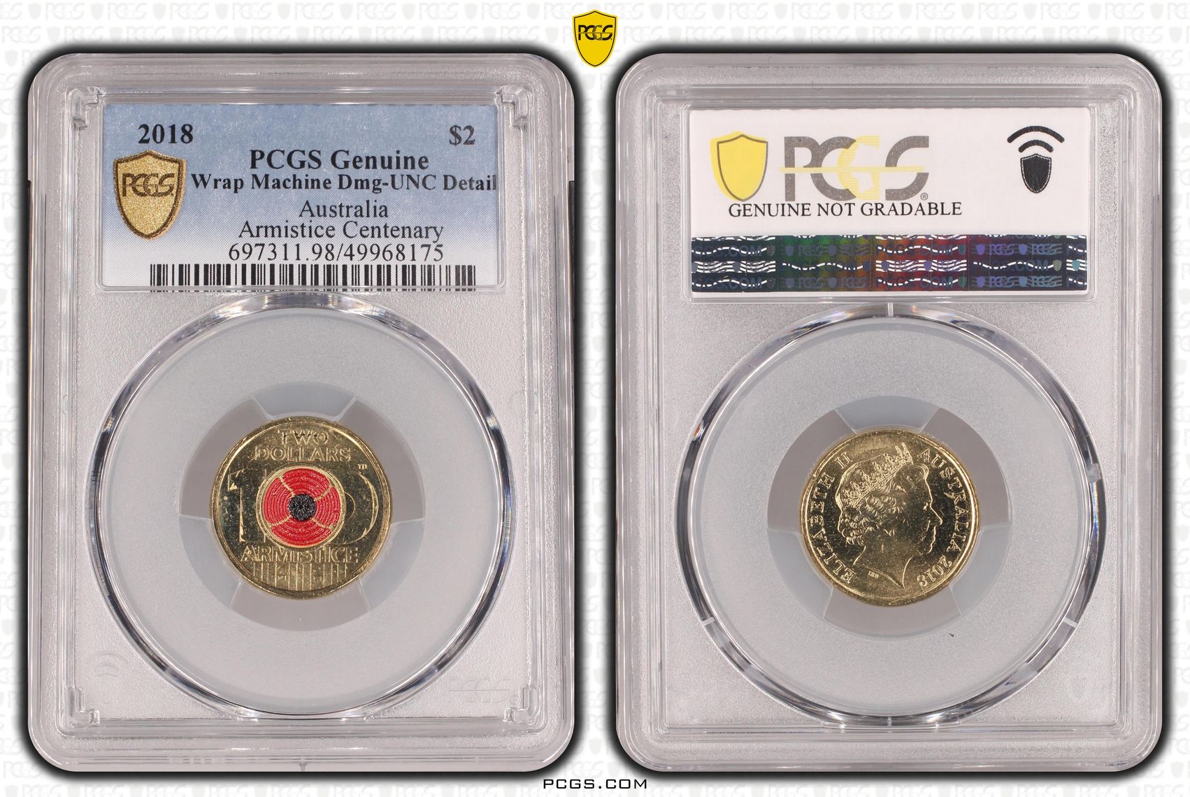 Armistice Centenary Colourised, Two Dollar, 2018, PCGS Genuine - UNC Details (98 - Damage)