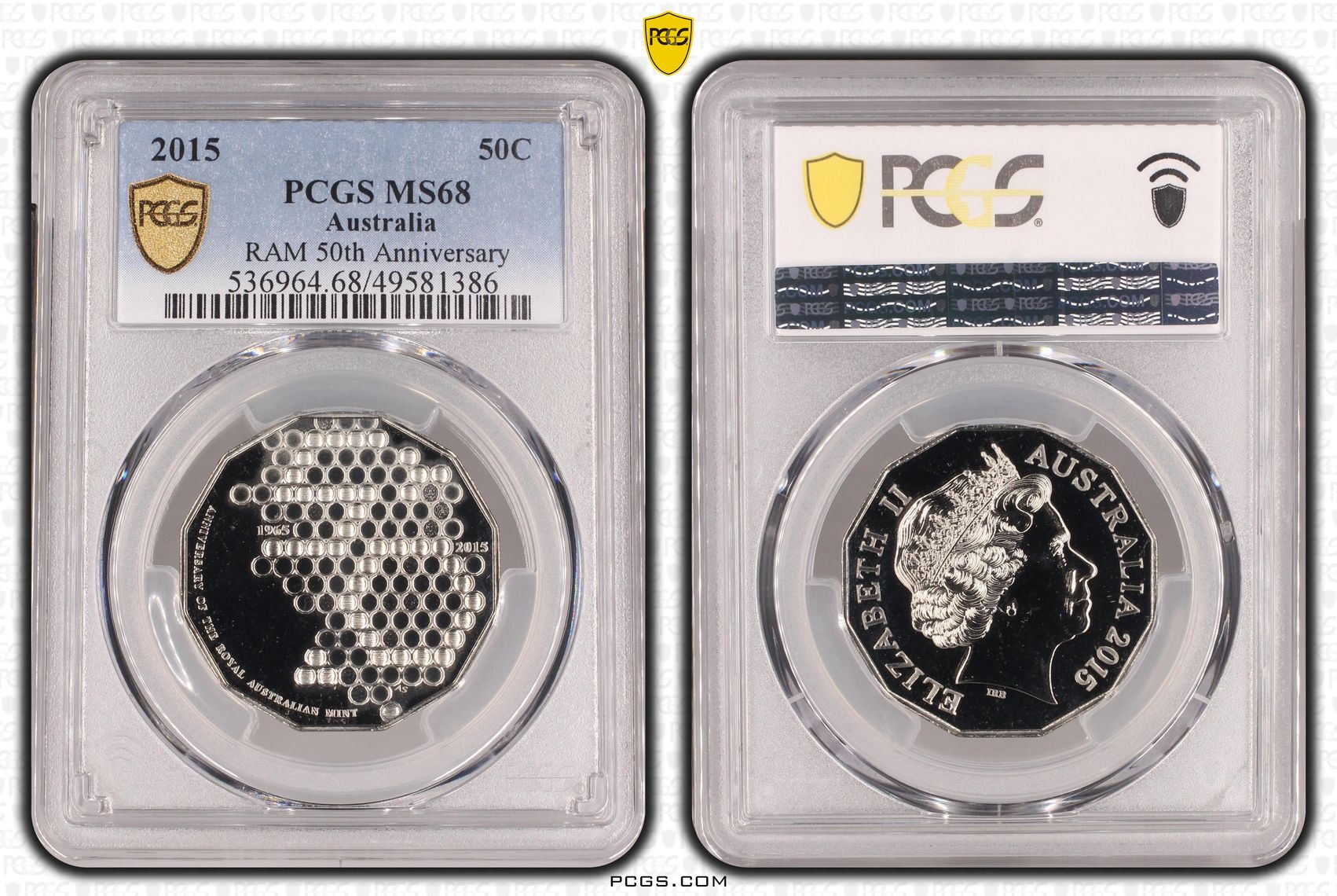 184 · Elizabeth II, RAM 50th Anniversary , Fifty Cent, 2015, PCGS MS68